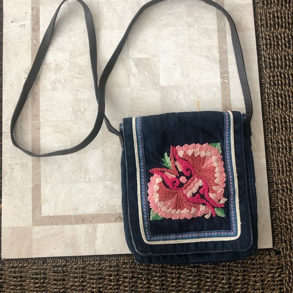 Lucky Brand denim embroidered crossbody bag